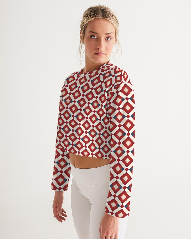 Red White Checkered Women Cropped Sweatshirt, Geometric Check Ladies Graphic Crewneck Crop Sweater Jumper Pullover Aesthetic Top