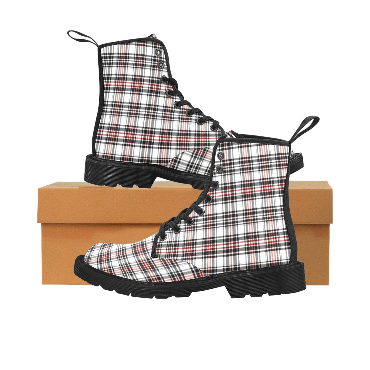 White Red Plaid Women's Boots, Black Check Tartan Vegan Canvas Lace Up Shoes Print Army Combat Winter Casual Lightweight Designer Starcove Fashion