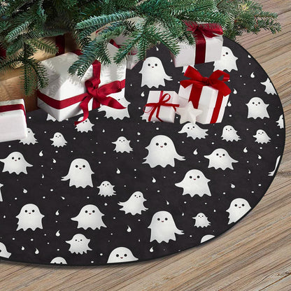 White Ghosts Halloween Christmas Tree Skirt, Black Dark Grey Small Large Spooky Stand Base Cover Goth Decor Decoration All Hallows Eve Party