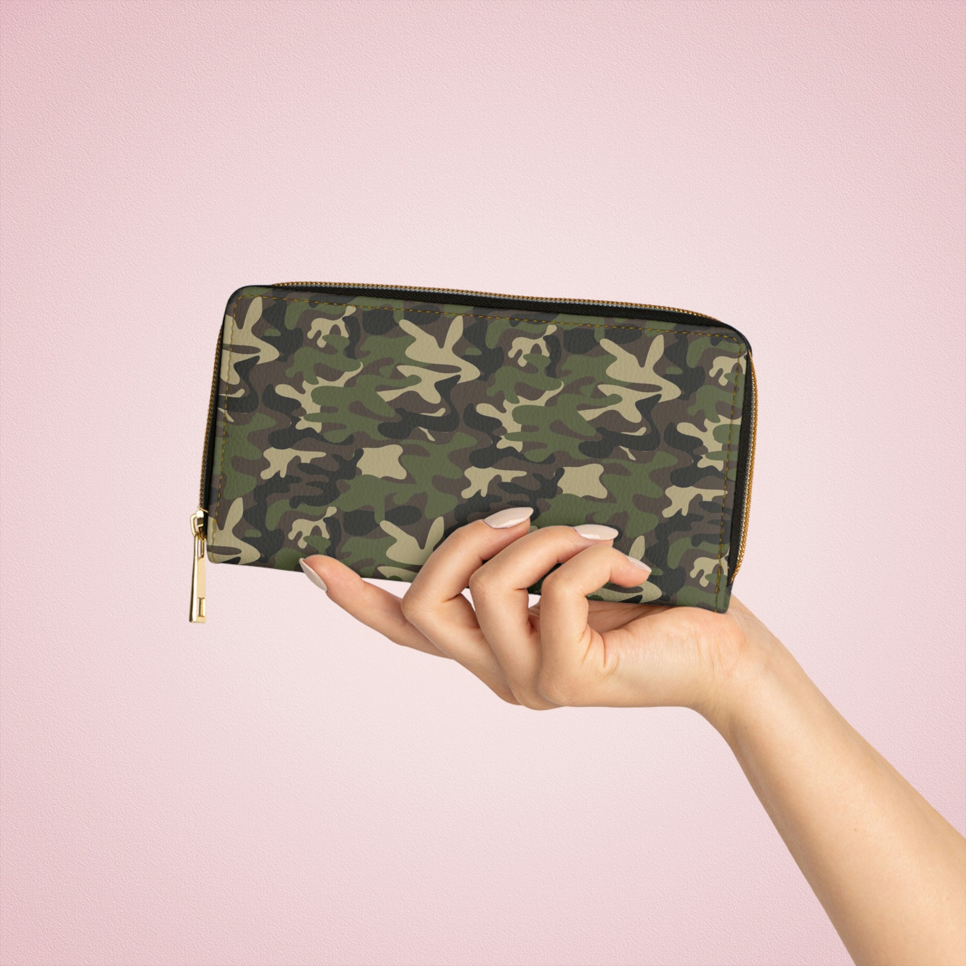 Camo Faux Leather Wallet Women, Camouflage Green Zipper Zip Around Coins Credit Cards Pocket Cash Ladies Pouch Slim Clutch Purse Starcove Fashion