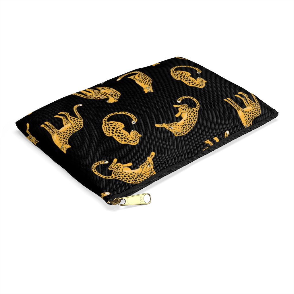 Leopard Print Zipper Pouch, Black Gold Animal Jaguar Tiger Cute Makeup Bags Fun Cosmetic Organizer Gifts her Women Coin Accessory Purse Starcove Fashion
