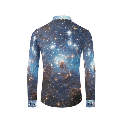 Galaxy Long Sleeve Men Button Up Shirt, Space Themed Stars Universe Cosmos Print Unique Buttoned Collar Dress Shirt with Chest Pocket