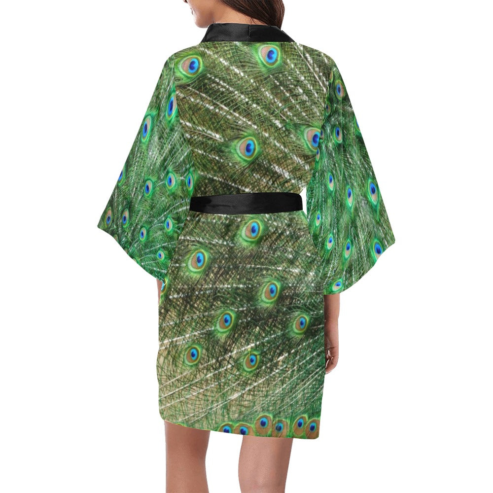Peacock Kimono Robe, Feather Print Green Peignoir Japanese Women Short Sleeve Lounge Sleepwear Bathrobe Gift Wife Starcove Fashion