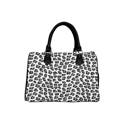 Snow Leopard Print Purse Handbag, Animal Black White Canvas and Leather Barrel Type Designer Zipper Closing Accessory Bag Gift Starcove Fashion