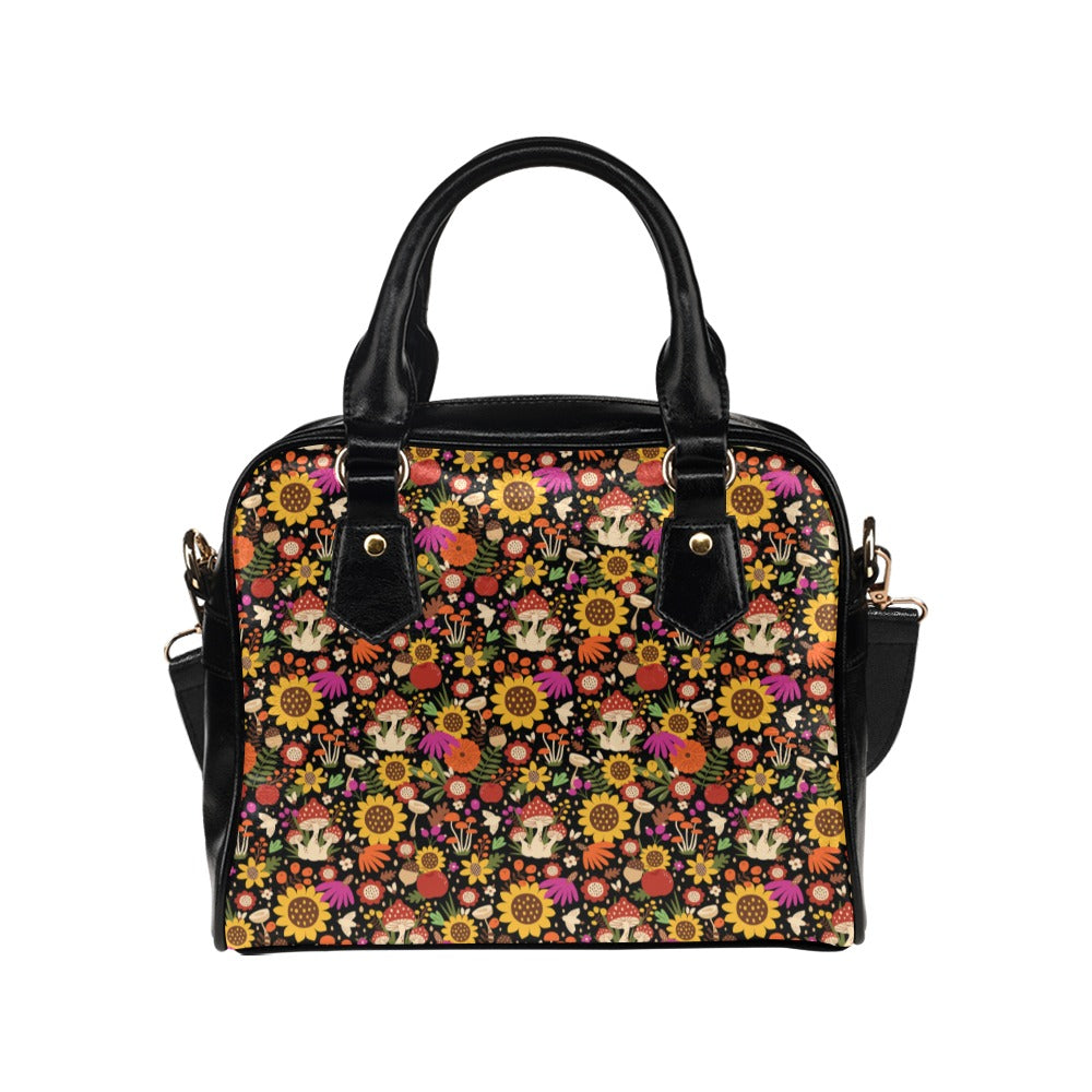 Sunflower Mushroom Purse, Flowers Floral Bird Pattern Cute Small Shoulder Zip Bag High Grade PU Leather Women Designer Handbag