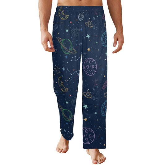 Planets Space Men Pajamas Pants, Galaxy Stars Celestial Universe Satin PJ Pockets Sleep Lounge Trousers Guys Male Matching Trousers Bottoms