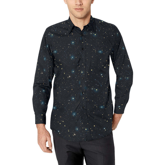 Constellation Space Long Sleeve Men Button Up Shirt, Universe Stars Galaxy Print Dress Guys Male Buttoned Collared Casual Shirt Chest Pocket