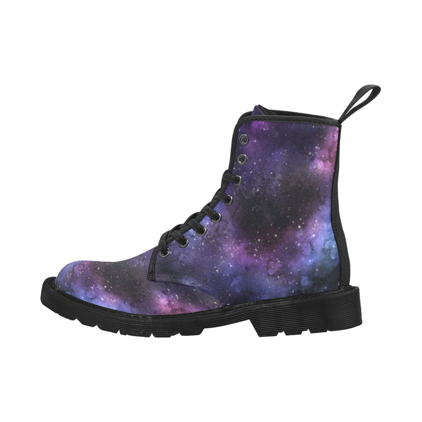 Galaxy Men Combat Boots, Cosmos Universe Space Stars Purple Designer Vegan Canvas Festival Party Lace Up Shoes Print Casual Lightweight Starcove Fashion
