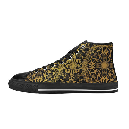 Black Gold Men Shoes, Steampunk High Top Sneakers Designer Streetwear Unique Baroque Canvas Luxury Festival Stylish Tie Lace Up Art Deco Starcove Fashion