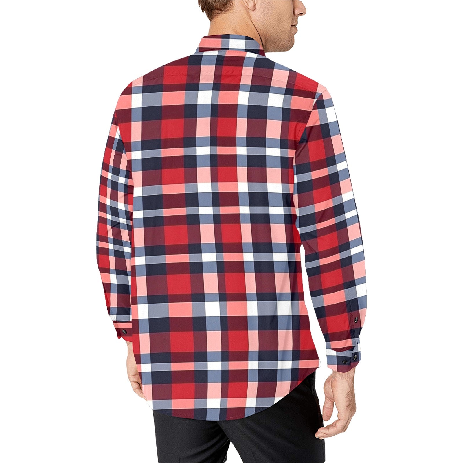 Red White Blue Plaid Long Sleeve Men Button Up Shirt, American Check Tartan Print Dress Buttoned Collar Dress Shirt with Chest Pocket XS Red White Blue Plaid Long Sleeve Men Button Up Shirt, American Check Tartan Print Dress Buttoned Collar Dress Shirt with Chest Pocket XS