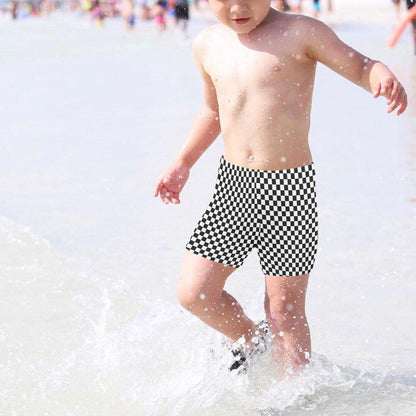 Checkered Boys Swim Trunks Shorts (2-7), Black White Bathing Suit Check Beach Swim Toddler Kids Inner Lining Drawstring Casual Swimsuit