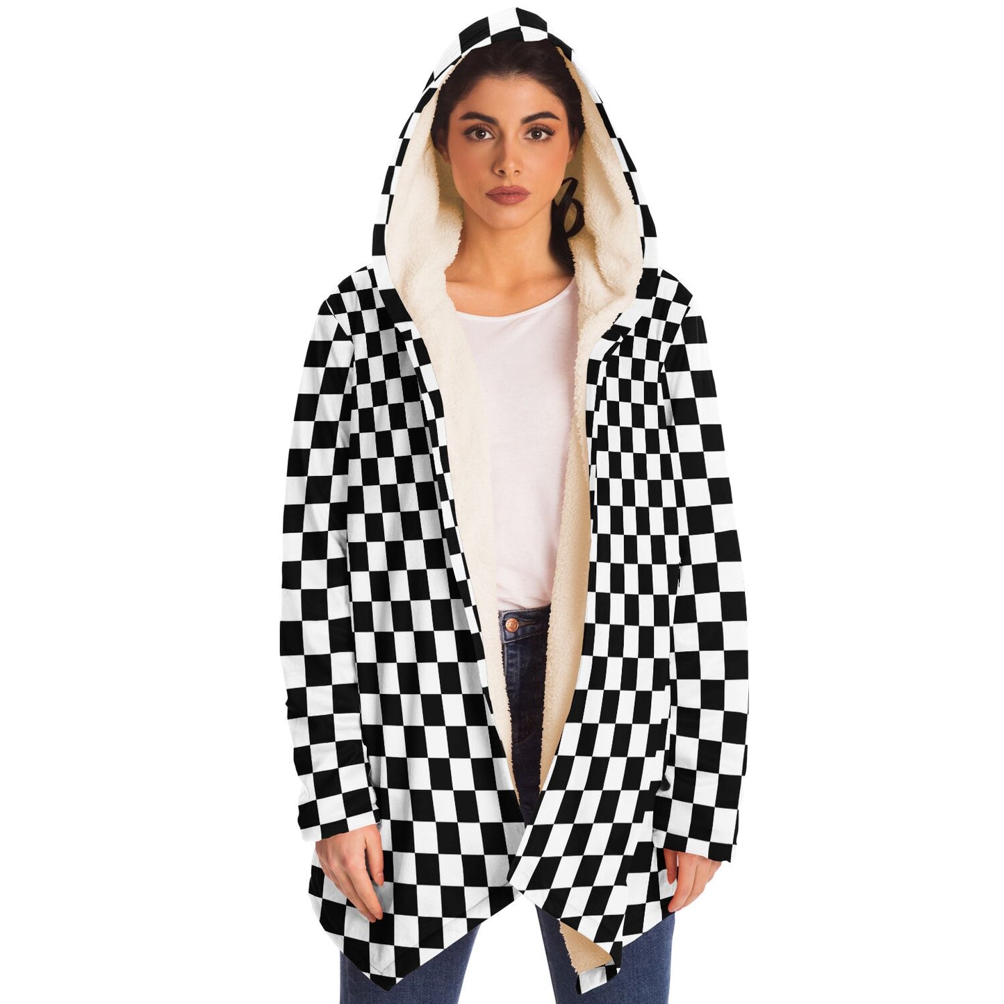 Checkered Hooded Cloak, Black White Check Men Women Modern Winter Warm Mink Blanket Festival Rave Wearable Cape with Pockets
