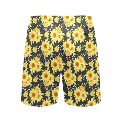 Sunflower Men Swim Trunks, Floral Yellow Flowers Mid Length Shorts Beach Front Back Pockets Mesh Linen Drawstring Bathing Suit Plus Size