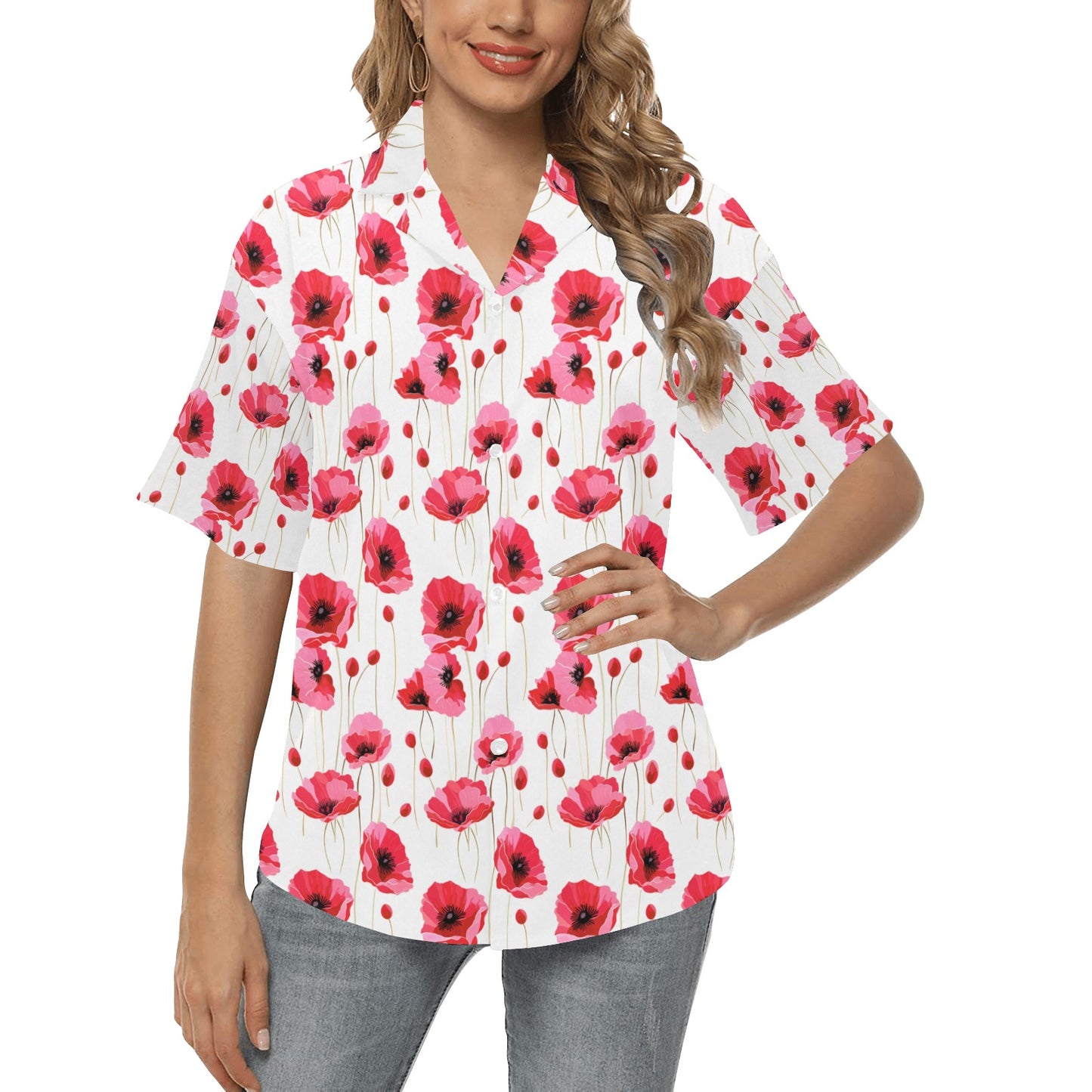 California Poppy Women Hawaiian shirt, Summer White Red Tropical Print Vintage Retro Hawaii Aloha Cool Button Up Down Ladies Cool Blouse