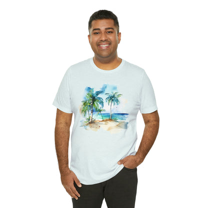 Beach Tshirt, Palm Trees Caribbean Watercolor Designer Graphic Aesthetic Crewneck Men Women Tee Top Short Sleeve Shirt