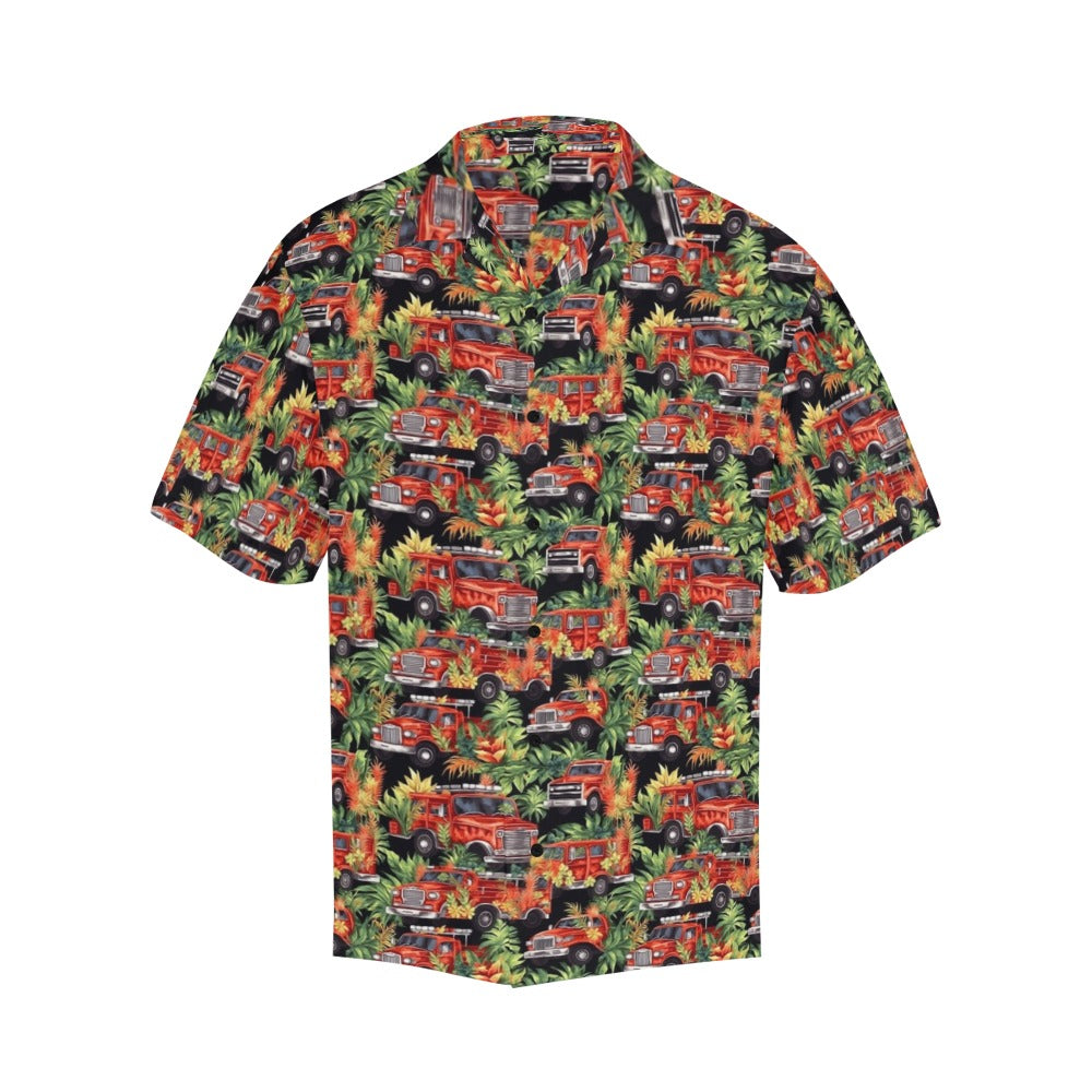 Fire Truck Men Hawaiian shirt, Tropical Fire Department Vintage Aloha Hawaii Retro Summer Beach Plus Size Cool Button Down Shirt