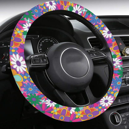 Retro Hippie Floral Steering Wheel Cover, Groovy Cute 70s Flowers Women Pink Print Car Auto Wrap Anti-Slip Insert Protector Accessories Starcove Fashion