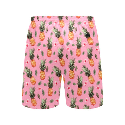 Pink Pineapple Men Swim Trunks, Tropical Mid Length Shorts Beach Surf Swimwear Front Back Pockets Mesh Lining Drawstring Bathing Suit
