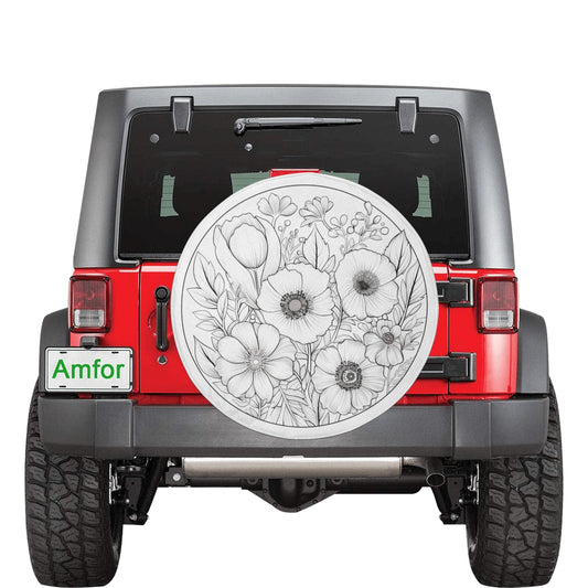 Flowers Spare Tire Cover, Floral Drawing White Wheel Accessories Custom Unique Design Backup Camera Hole Trailer Back Women Gift
