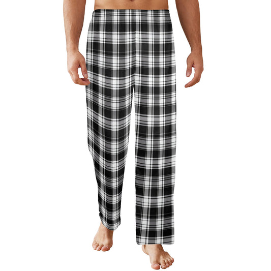 Plaid Men Pajamas Pants, Black White Buffalo Tartan Check Satin PJ Pockets Sleep Trousers Couples Matching Trousers Bottoms Starcove Fashion