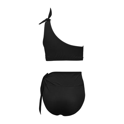 Black One Shoulder Bikini Set, Women High Waisted Bottom Tie Crop Top Sexy Swimsuits Women Padded Swimwear