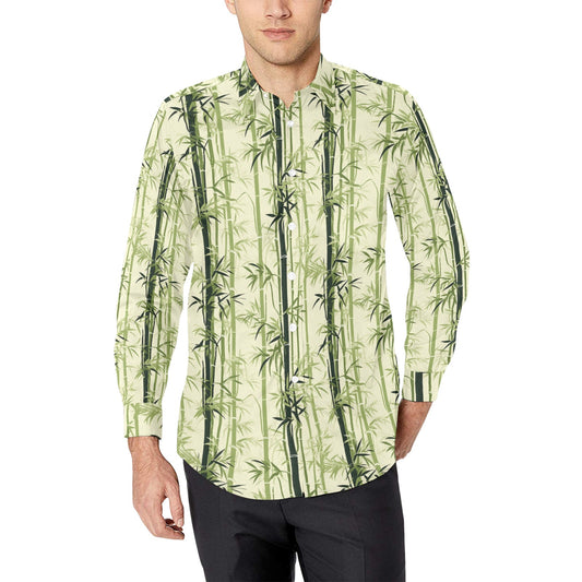 Bamboo Long Sleeve Men Button Up Shirt, Japanese Tree Leaf Green Nature Print Buttoned Down Collar Casual Dress Shirt