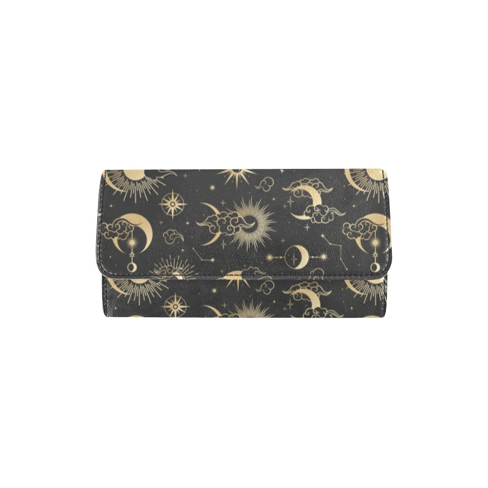 Sun Moon Women Wallet, Stars Celestial Constellation Space Black Faux Leather Trifold Long Clutch Credit Cards Coins Cash Large Zipper