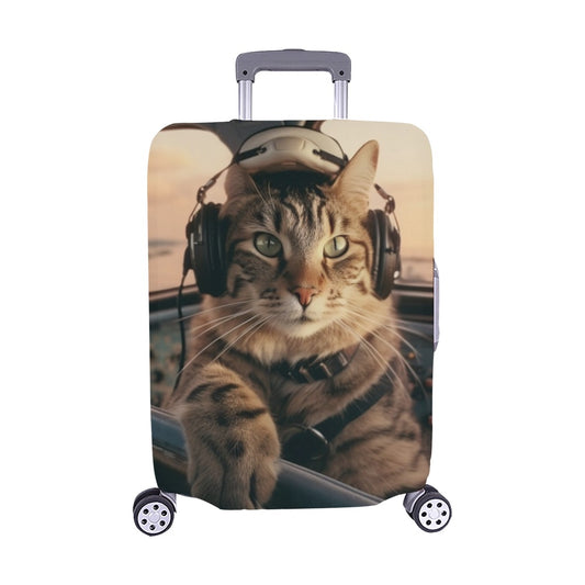 Cat as Pilot Luggage Cover, Airplane Aesthetic Print Suitcase Hard Bag Washable Protector Travel Small Large Designer Gift