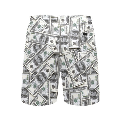 Money Men Swim Trunks, Mid Length Shorts Dollar Bills Beach Pockets Mesh Lining Drawstring Casual Bathing Suit Plus Size Swimwear Designer