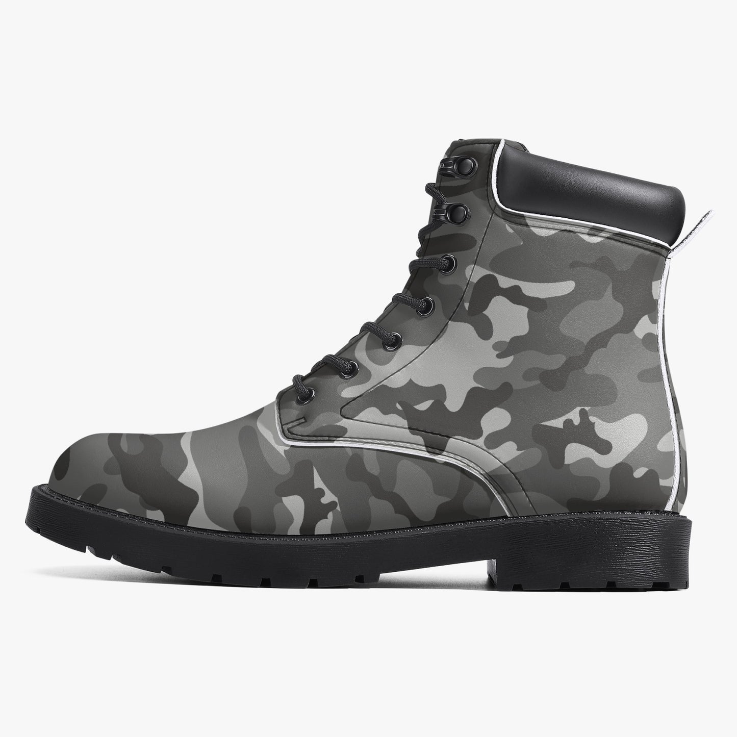 Gray Camo Leather Hiking Boots, Camouflage Grey Lace Up Shoes Women Men Festival Black Ankle Work Winter Casual Custom