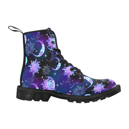 Sun Moon boots Women's Vegan Canvas Lace Up Shoes, Stars Oriental Galaxy Constellation Festival Print Black Ankle Combat Casual Custom Gift Starcove Fashion