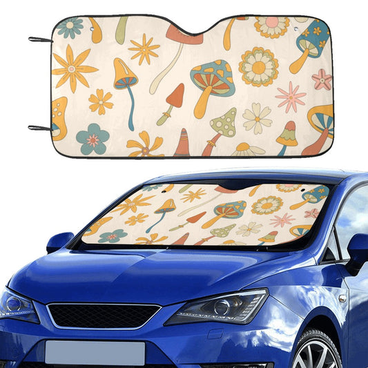 Mushroom Car Sunshade, Magic Groovy Floral Windshield Cottagecore Accessories Auto Protector Front Window Visor Screen Decor Gift Universal