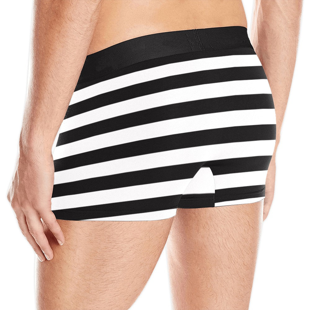 Black White Men Boxer Briefs, Horizontal Striped Print Check Comfortable Underwear Luxury Designer Trunks Sexy Gift Birthday Plus Size