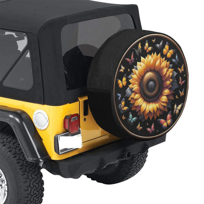 Sunflower Butterfly Tire Cover, Spare Wheel Floral Yellow Flowers Black Custom Back Camera Hole Unique Design Car Women Girls RV Camper