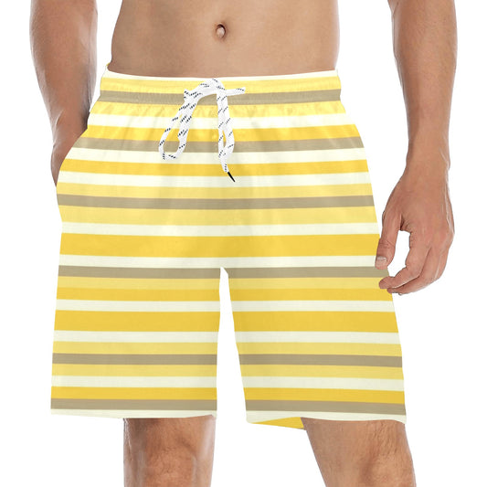 Yellow Striped Men Swim Trunks, Male Mid Length Shorts Beach Pockets Mesh Lining Drawstring Guys Casual Bathing Suit Plus Size Swimwear