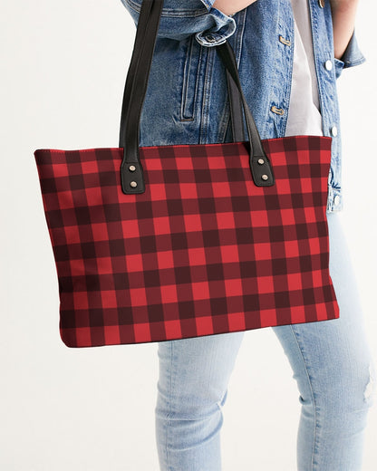 Buffalo Plaid Leather Tote Bag Purse, Black Red Checkered Vegan Faux Leather Handbag  Zip on Top Designer Shoulder Bag For Women Starcove Fashion