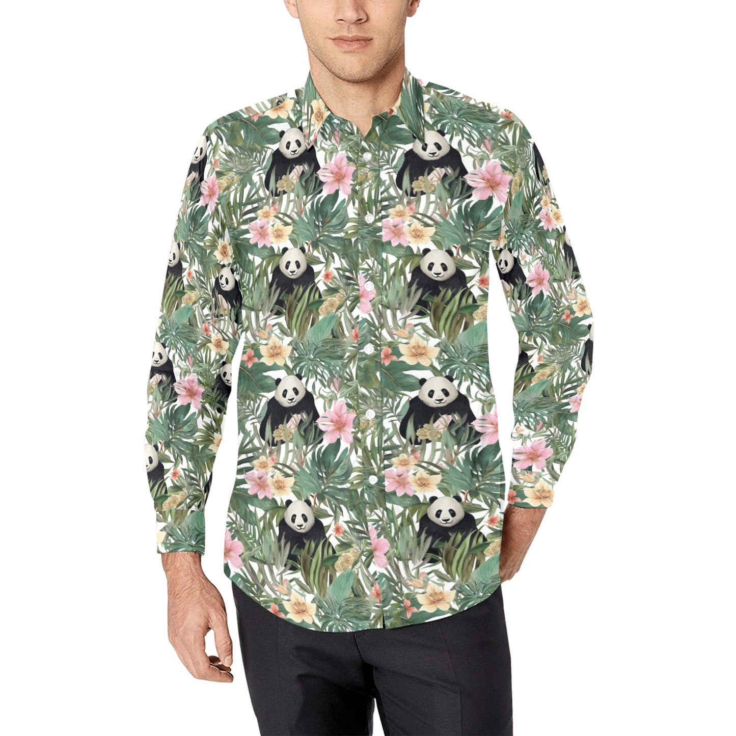 Panda Tropical Leaves Long Sleeve Men Button Up Shirt, Green Floral Summer Print Dress Buttoned Collar Casual Dress Shirt with Chest Pocket Starcove Fashion