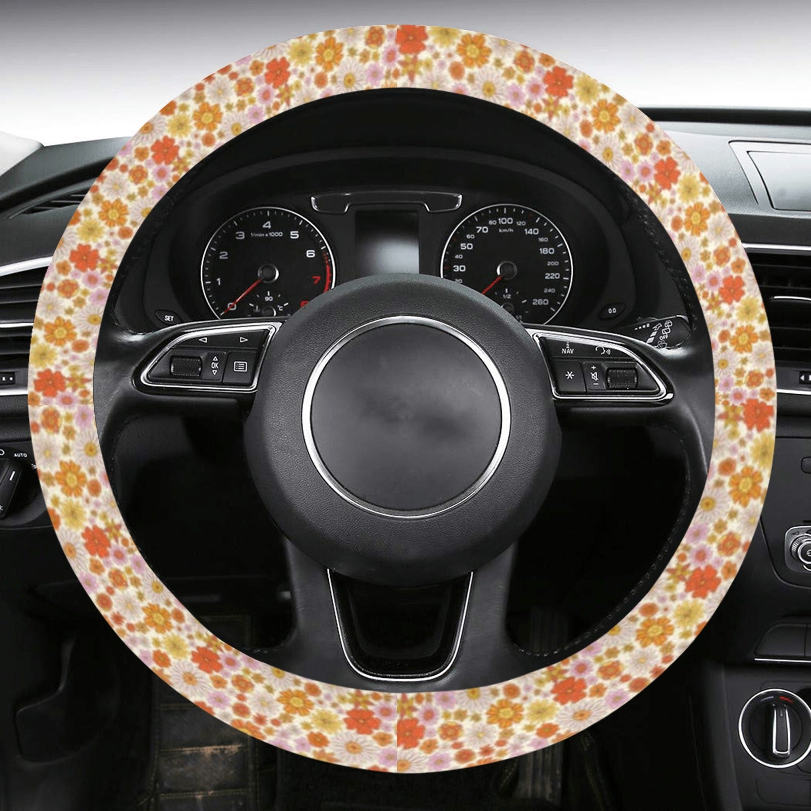 Retro Groovy Floral Steering Wheel Cover, Cute 70s Flowers Botanical Women Pink Print Car Auto Wrap Anti-Slip Insert Protector Accessories Starcove Fashion