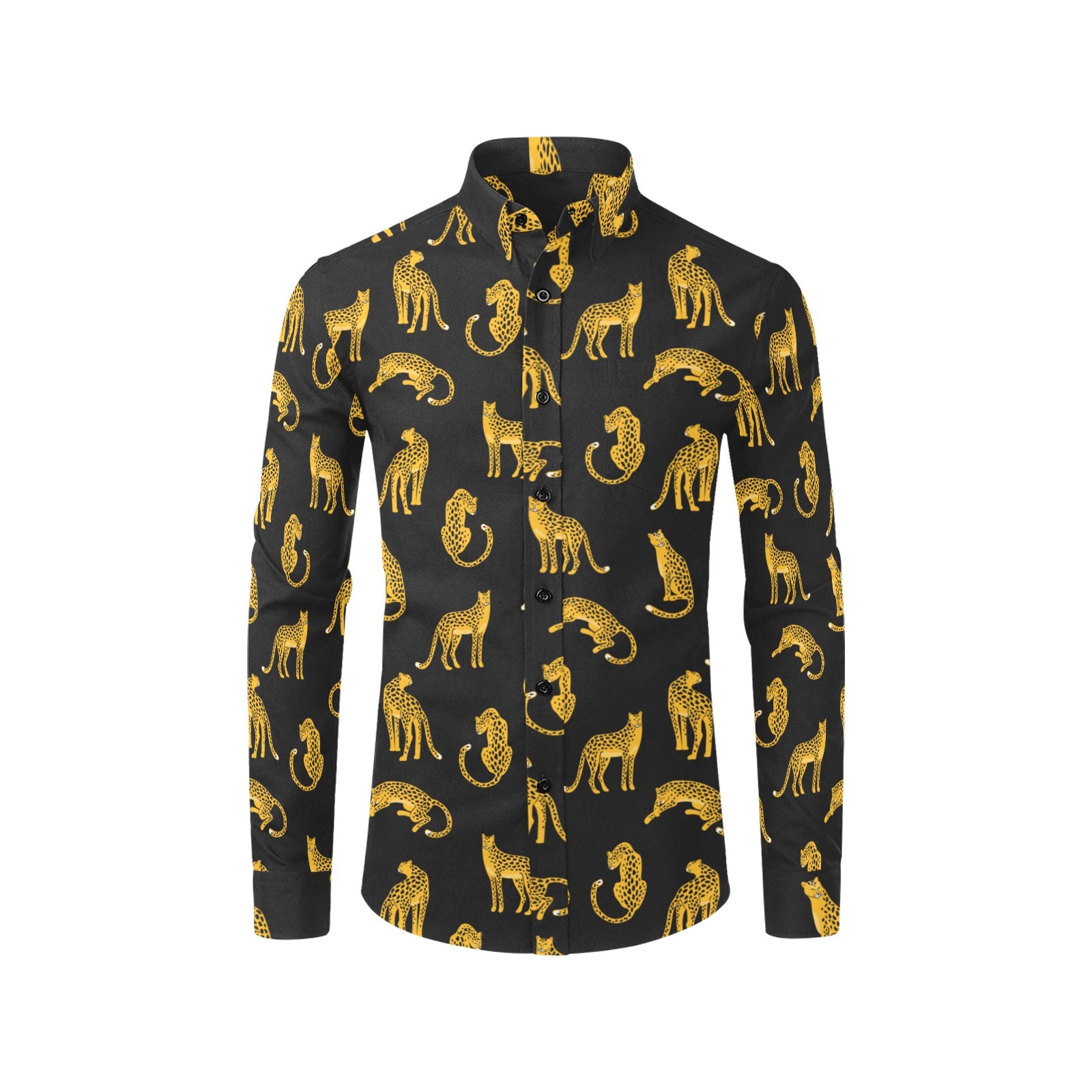 animal dress shirts Leopard Men Button Up Shirt, Long Sleeve cheetah Animals Print Black Gold Buttoned Collar Dress Shirt with Chest Pocket