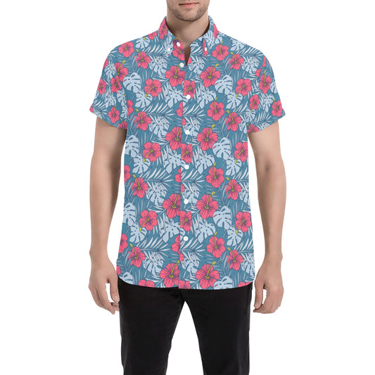Hibiscus Flowers Short Sleeve Men Button Up Shirt, Blue Red Floral Hawaiian Print Casual Buttoned Down Summer Dress Shirt Guys