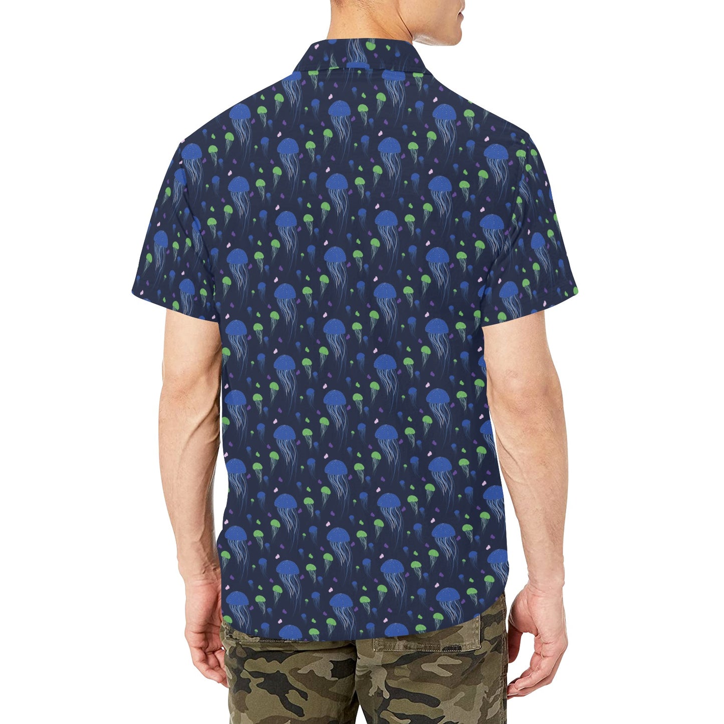 Jellyfish Men Button Down Shirt Chest Pocket, Ocean Sea Blue Short Sleeve Casual Print Buttoned Up Collar Dress Shirt