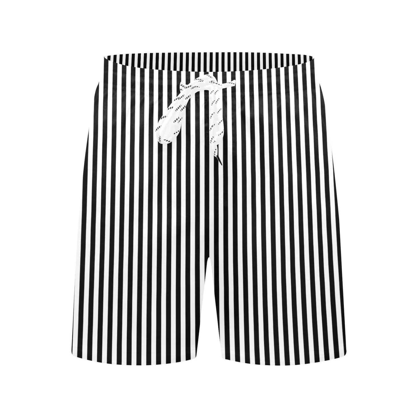 Black White Striped Men Swim Trunks, Mid Length Shorts Beach Pockets Mesh Lining Drawstring Male Casual Bathing Suit Plus Size Swimwear