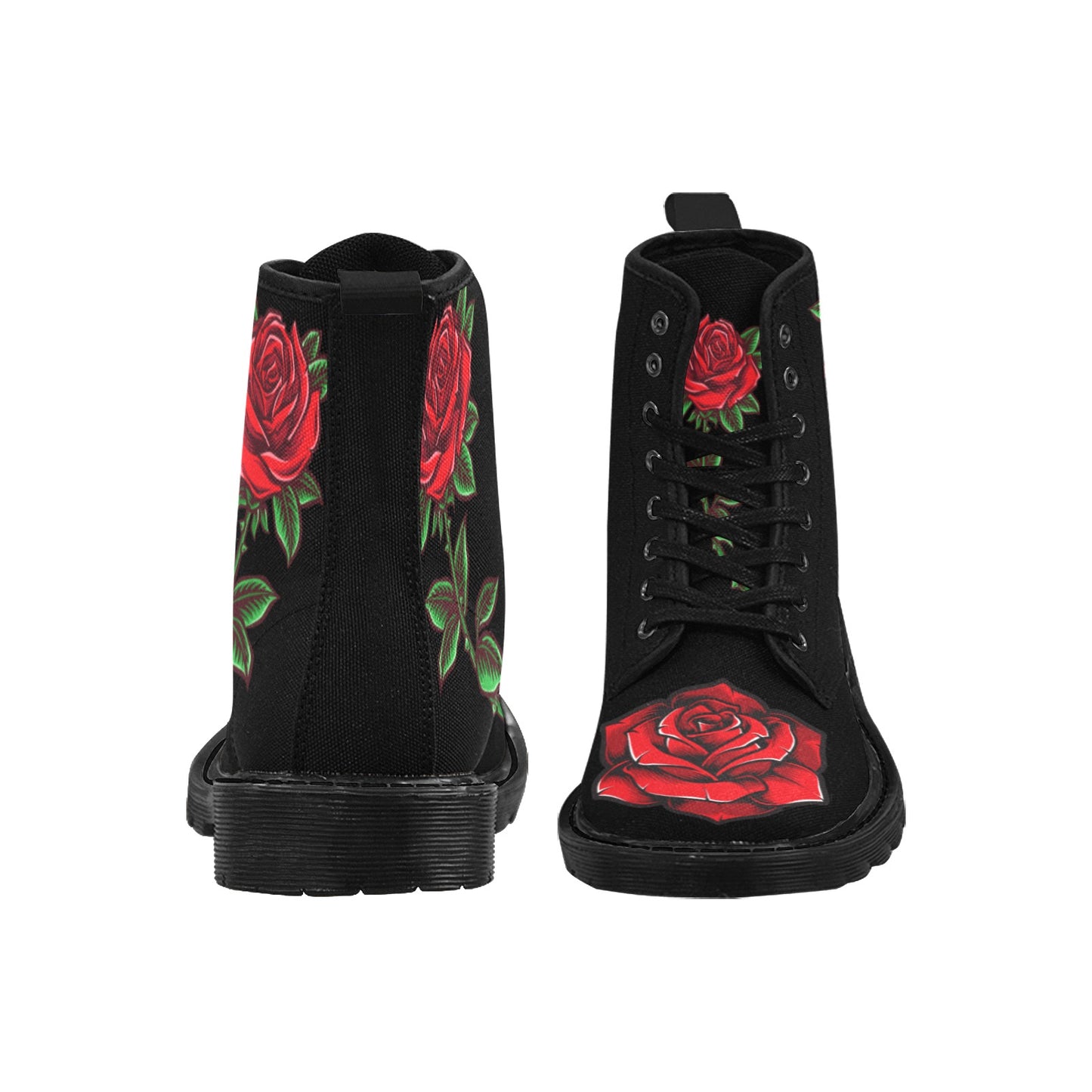 Red Roses Women's Boots, Floral Flowers Vegan Canvas Lace Up Shoes, Flower Print Black Ankle Combat, Casual Custom Gift Starcove Fashion