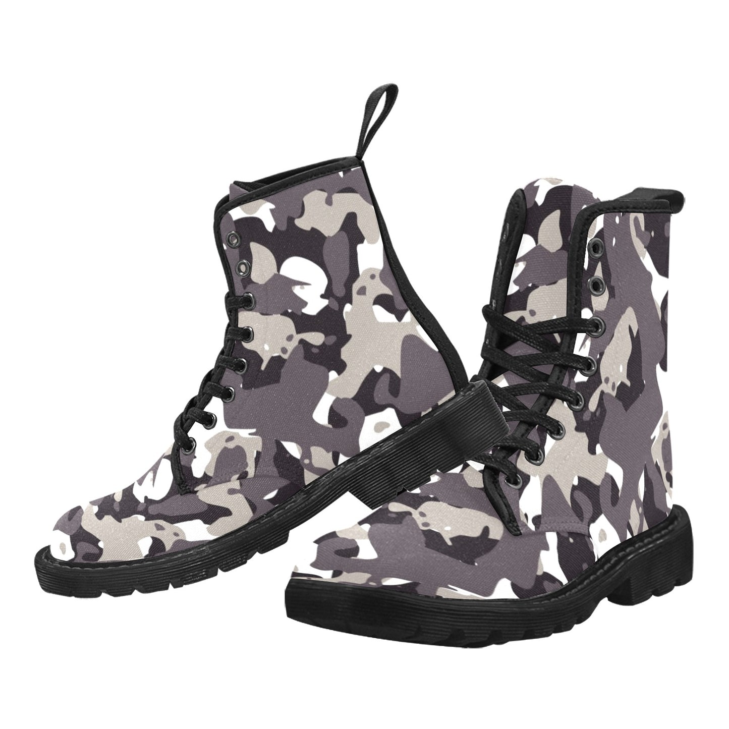 Camo Men Combat Boots, Camouflage Grey Black Designer Pattern Vegan Canvas Festival Party Lace Up Shoes Print Casual Custom Lightweight Starcove Fashion
