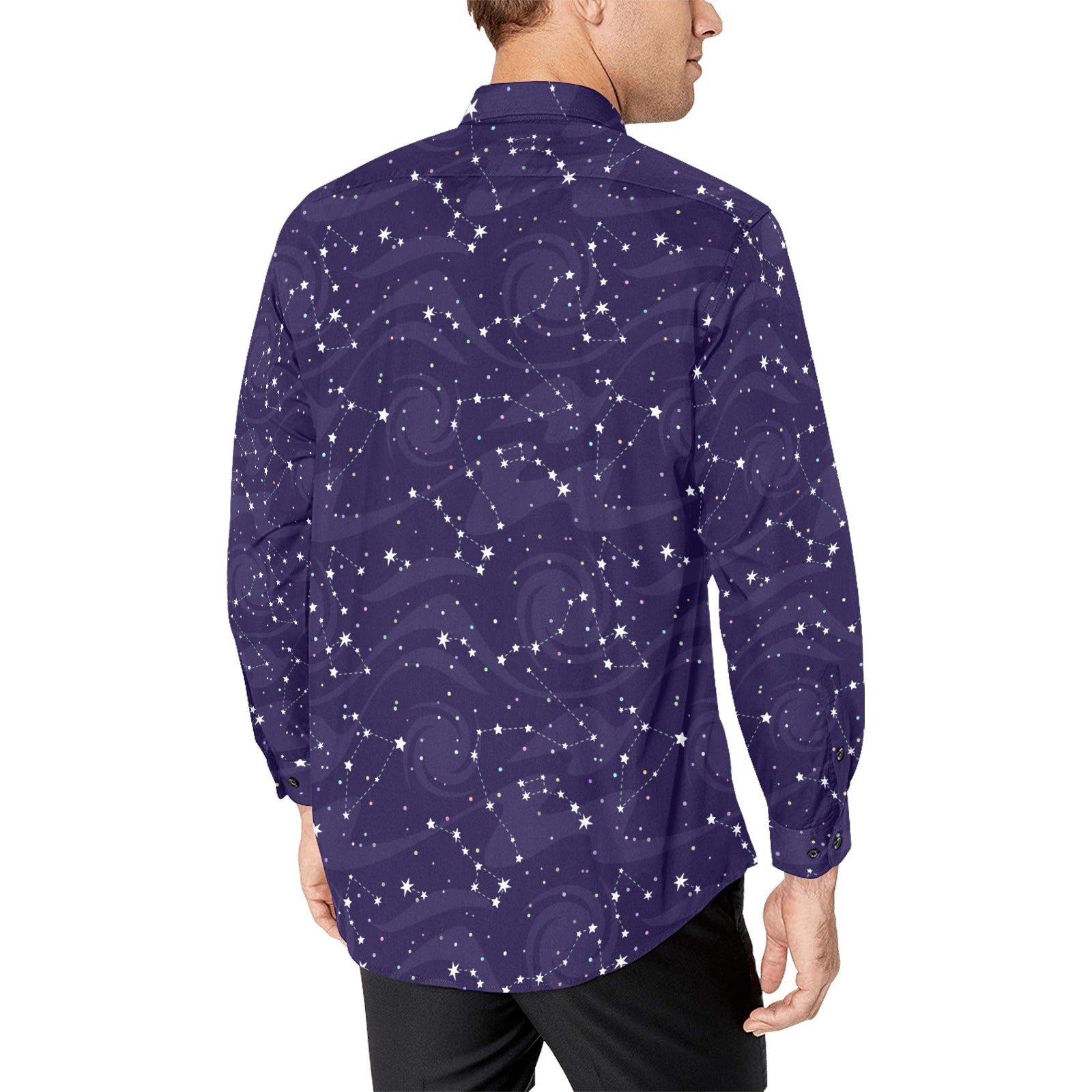 constellation dress shirt Constellation Space Long Sleeve Men Button Up Shirt, Universe Galaxy Purple Stars Print Buttoned Collared Casual Dress Shirt Chest Pocket XS