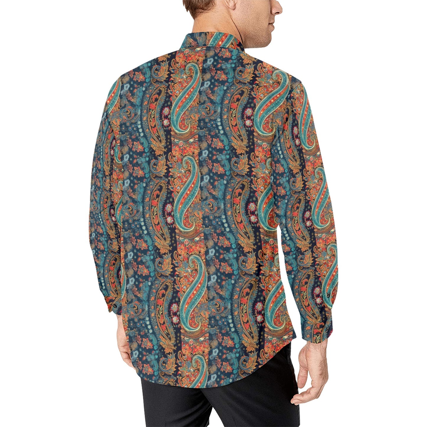 Paisley Men Button Up Shirt, Mixed Bandana Long Sleeve Pattern Print Dress Buttoned Collar Casual Dress Collared Shirt with Chest Pocket