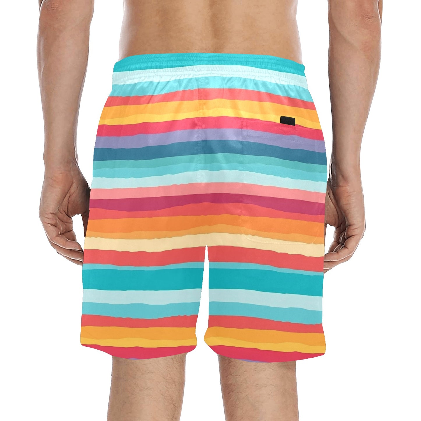 Colorful Striped Men Swim Trunks, Guys Red Mid Length Shorts Beach Pockets Mesh Lining Drawstring Casual Bathing Suit Plus Size Swimwear