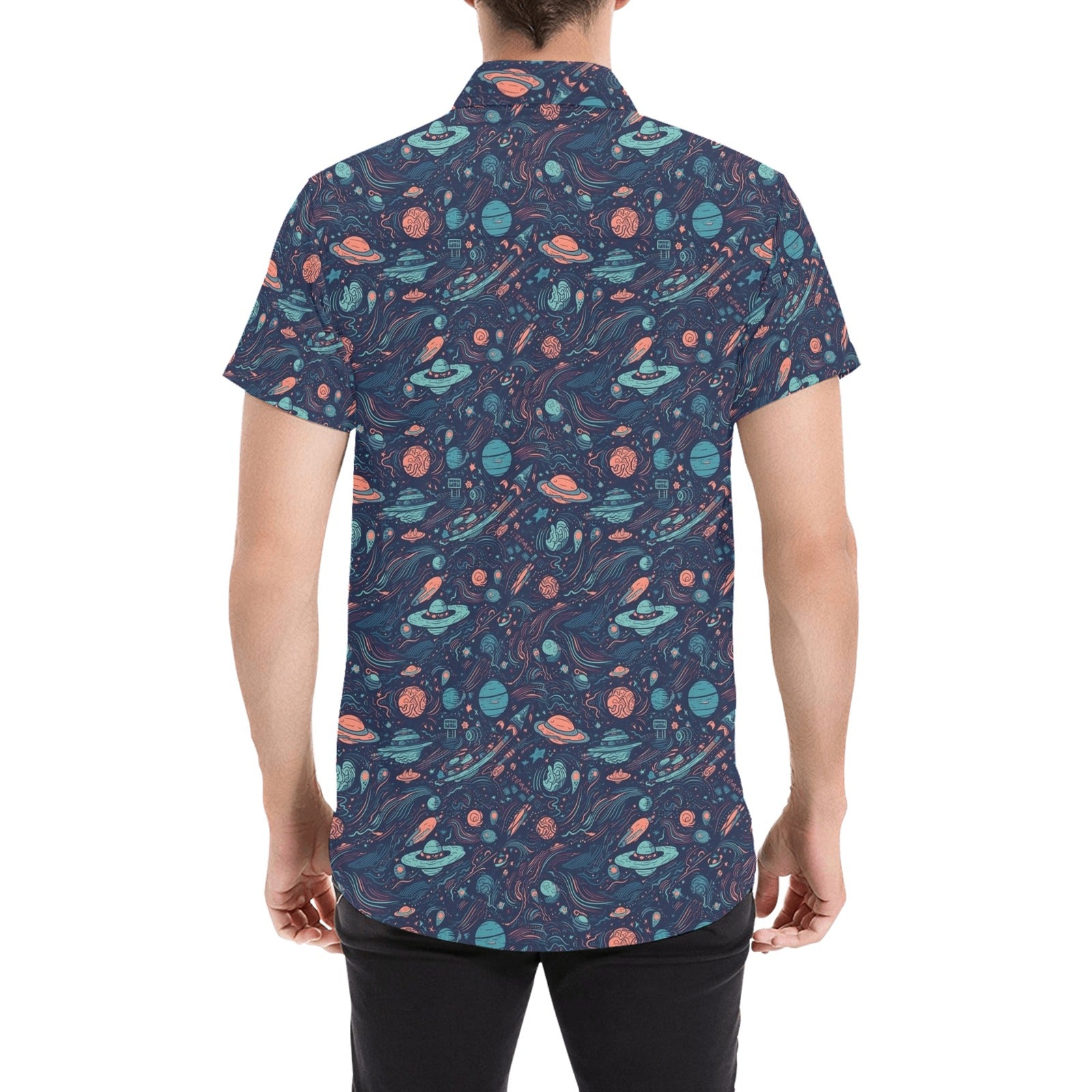 Space Short Sleeve Men Button Down Shirt, Galaxy Space Ship Geek Constellation Universe Print Casual Buttoned Up Collared Dress Plus Size Starcove Fashion