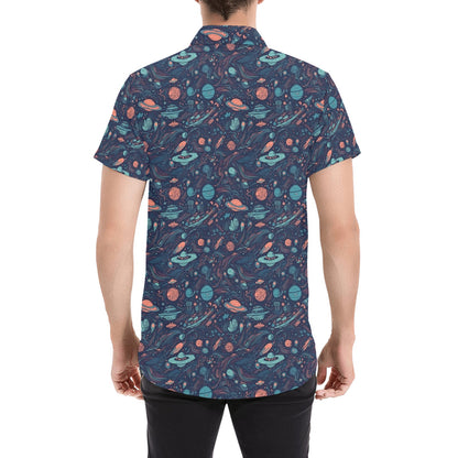 Space Short Sleeve Men Button Down Shirt, Galaxy Space Ship Geek Constellation Universe Print Casual Buttoned Up Collared Dress Plus Size Starcove Fashion