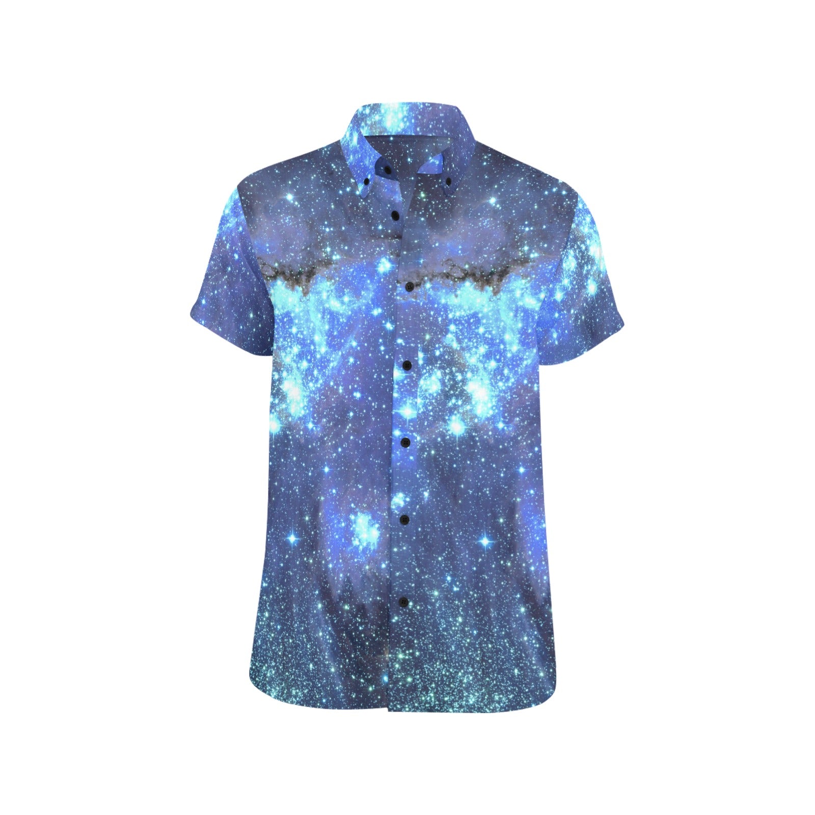 Blue Galaxy Short Sleeve Men Button Up Shirt, Space Astronomy Print Casual Buttoned Down Summer Dress Shirt Starcove Fashion